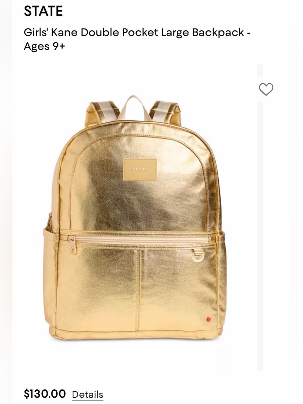 STATE Metallic GOLD Girls' Kane Double Pocket Backpack